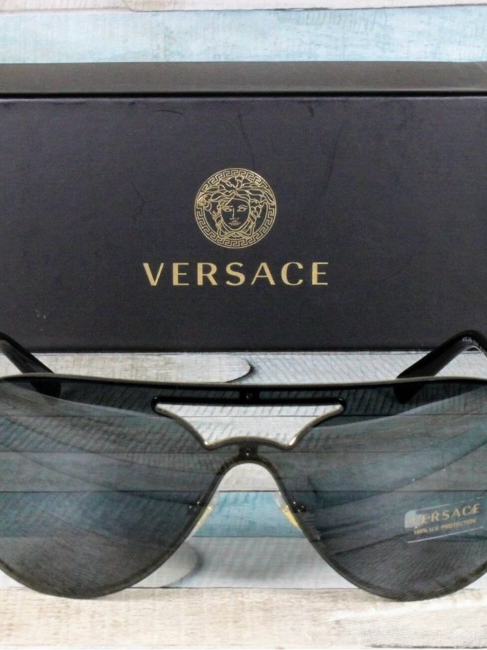 Versace Black and Gold Shield Sunglasses